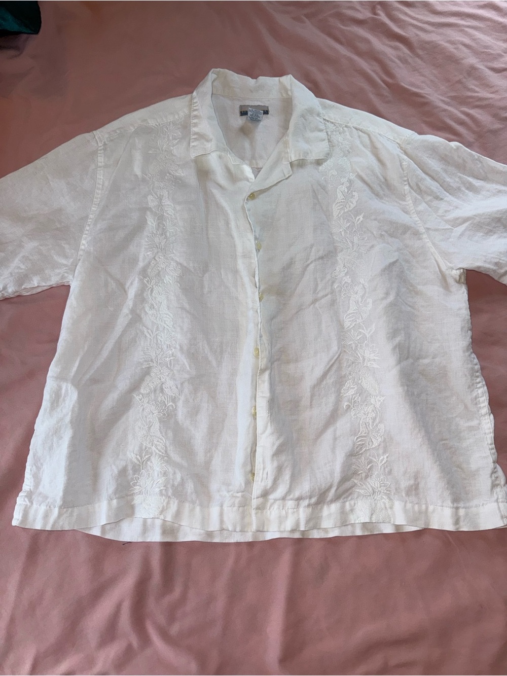 Vintage White Embroidered Linen Button-Up Shirt large